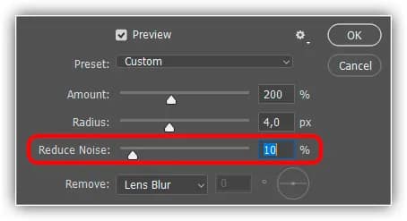 Use o controle deslizante Reduzir Ruído para limpar o ruído indesejado (somente Photoshop CC).