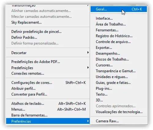 Abrindo as Preferências Gerais do Photoshop.
