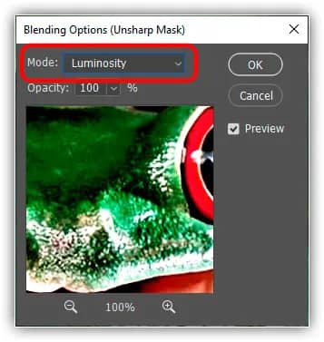 Definindo o modo de mesclagem Unsharp Mask para Luminosity.