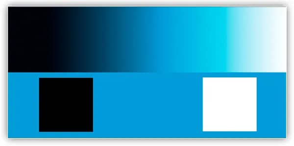 As áreas em preto e branco na camada "Gradiente e quadrados" agora permanecem em preto e branco, já que o Photoshop agora está dando menos importância à camada azul sólida acima dela.