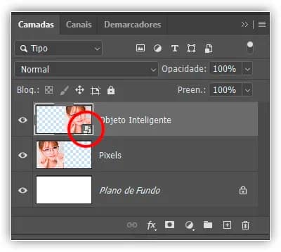 Objetos inteligentes exibem um ícone no canto inferior direito de sua miniatura.