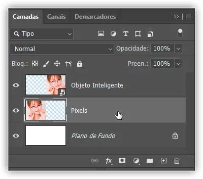 Selecionando a camada "Pixels".