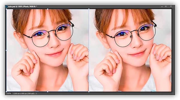 A caixa Transformação Livre e as alças aparecem ao redor da versão em pixel à esquerda