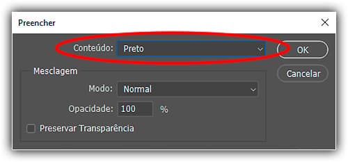 Alterando "Conteúdo" para "Preto" na caixa de diálogo Preenchimento.