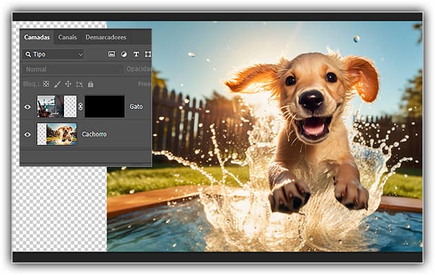 A imagem do gato desaparece depois de preencher a máscara de camada com preto.