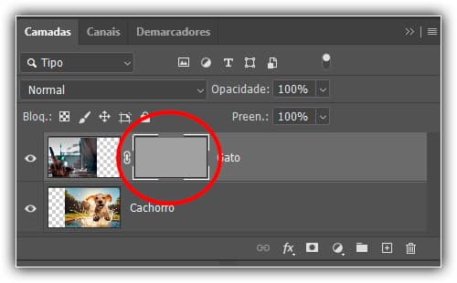 O painel Camadas mostrando a miniatura da máscara preenchida com cinza.