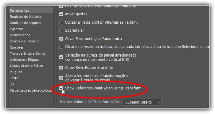 Ativando permanentemente o ponto de referência de transformação nas preferências.