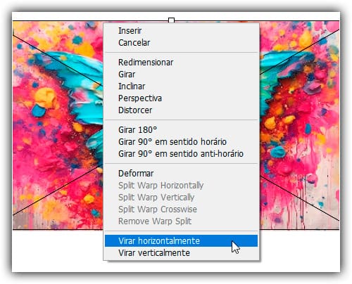 Escolhendo o comando Virar Horizontal.