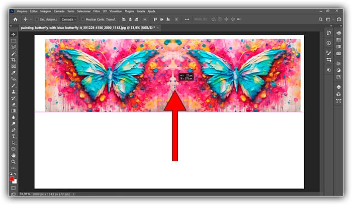 Usando a ferramenta Mover para mover ambas as imagens para a metade superior da tela.