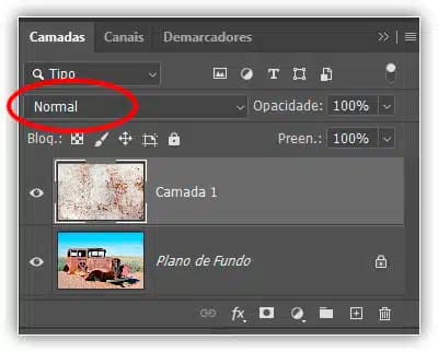 A opção Modo de mesclagem está definida como Normal por padrão.