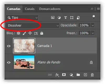 Segurando Shift e pressionando + para passar para o modo de mesclagem Dissolver.