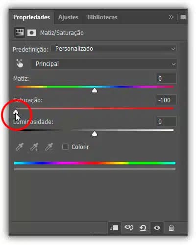 Arrastando o controle deslizante Saturação totalmente para a esquerda.