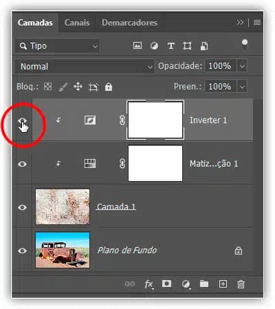Clicando no ícone de visibilidade da camada de ajuste Inverter.