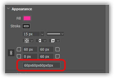 A caixa inferior mostra todos os valores do raio do canto de uma só vez.