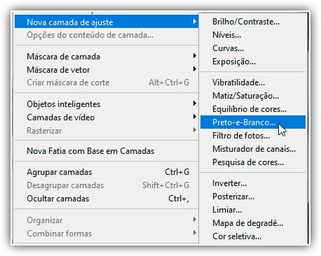 Indo para Camada > Nova Camada de Ajuste > Preto e Branco