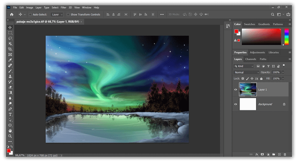 O arquivo TIFF é aberto no Photoshop.