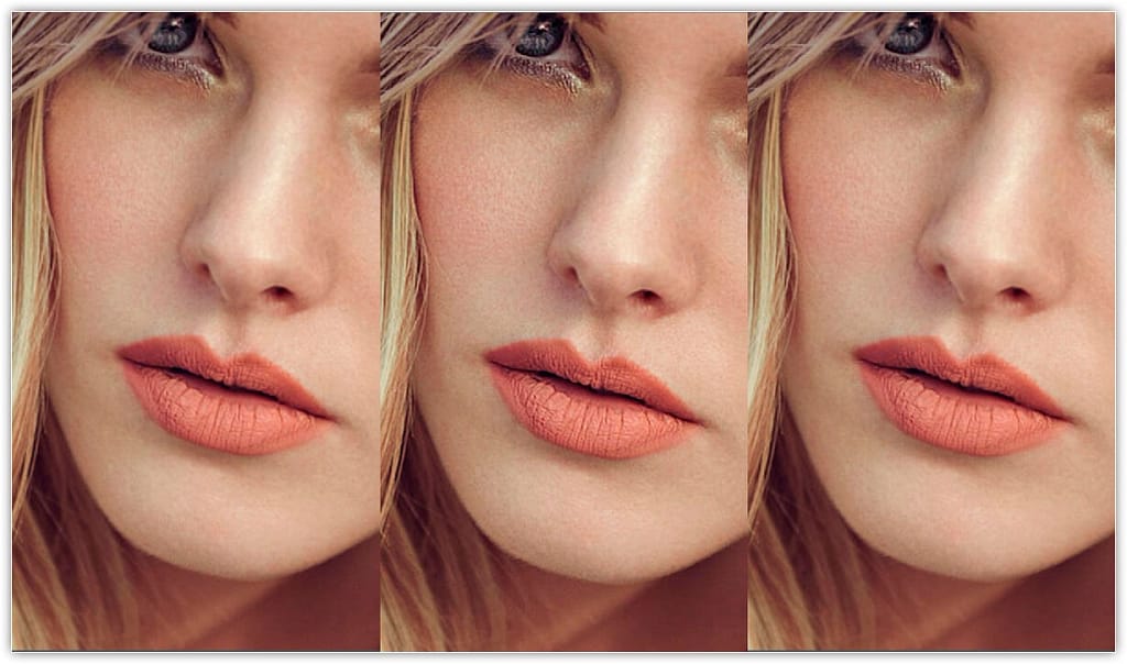 O resultado de Bicubic Smoother (esquerda), Preserve Details (centro) e Preserve Details 2.0 (direita).