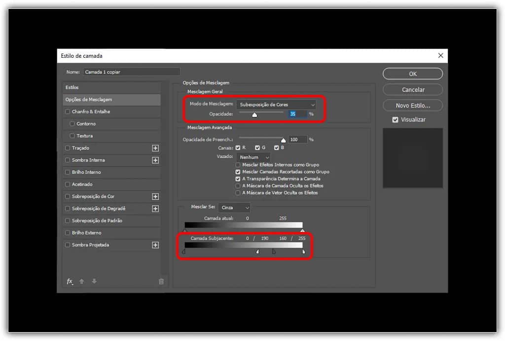 Modo de mesclagem Subexposição de cores