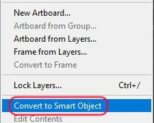 Selecionando "Convert to Smart Object" no menu do painel Camadas.