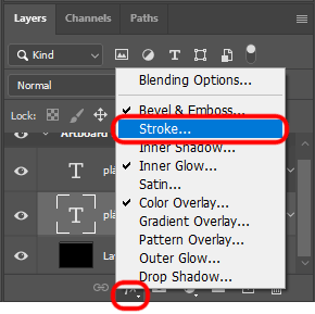 Efeitos de texto do Adobe Photoshop: Selecionando 'Stroke' na lista de Layer Styles.