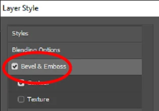 Efeitos de texto do Adobe Photoshop: Clicando nas palavras 'Bevel and Emboss' na caixa de diálogo Layer Style.