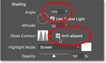 Configurando o ângulo para 120° e ativando o anti-aliasing efeito de texto dourado no Photoshop cc cs6