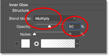 Configurando o modo de mesclagem para Multiplicar e a opacidade para 50 por cento