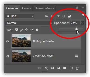 Diminuindo a opacidade da camada Brilho/Contraste.