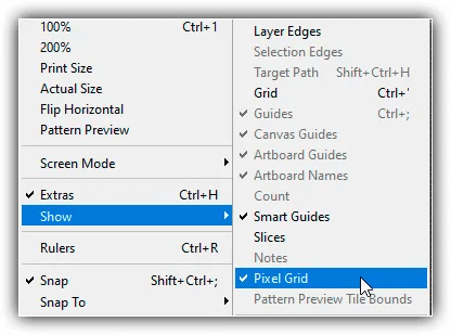 Vá para Exibir > Mostrar > Grade de pixels para ativar e desativar a grade.