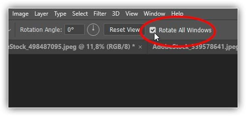 Use a opção "Girar todas as janelas" para girar a exibição de todas as imagens abertas