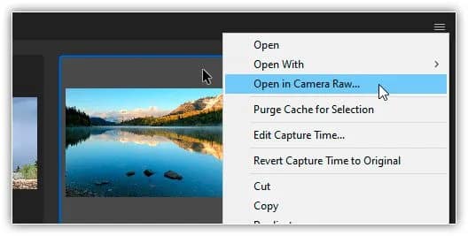 Escolha "Abrir no Camera Raw" no menu da miniatura.