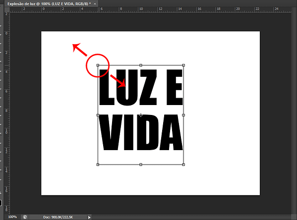 Clicar e arrastar as alças dos cantos para redimensionar o texto. Efeito de texto com explosão de luz