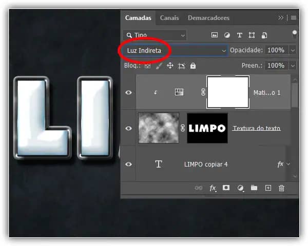 Mude o modo de mesclagem da camada de ajuste para Luz Indireta.