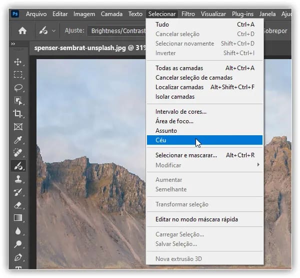 Escolhendo o comando Selecionar Céu.
