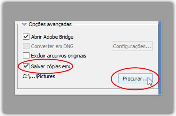 Use a opção "Salvar cópias em" para salvar um backup de seus arquivos.