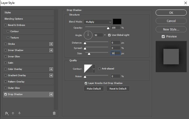 Vá para Layer> Layer Styles> Drop Shadow