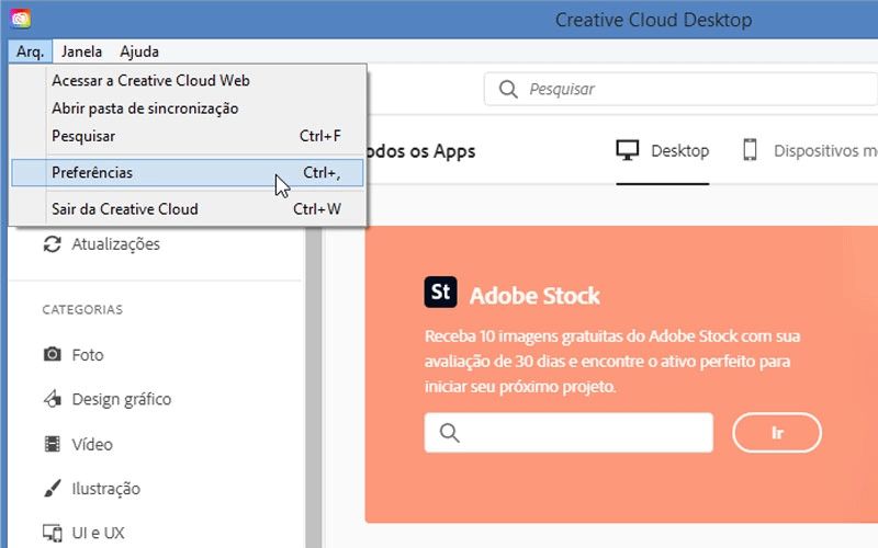 Abrindo as preferências do aplicativo Creative Cloud.