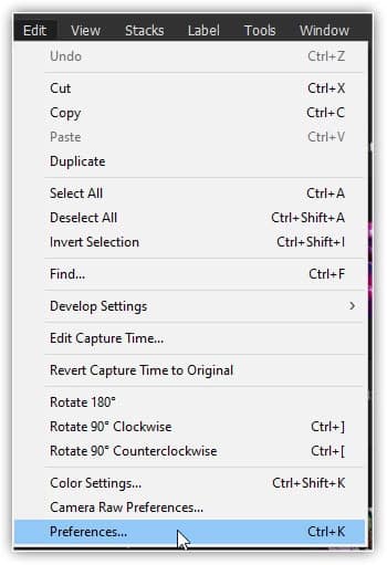 Vá para Editar > Preferências (Win) / Adobe Bridge > Preferências (Mac).