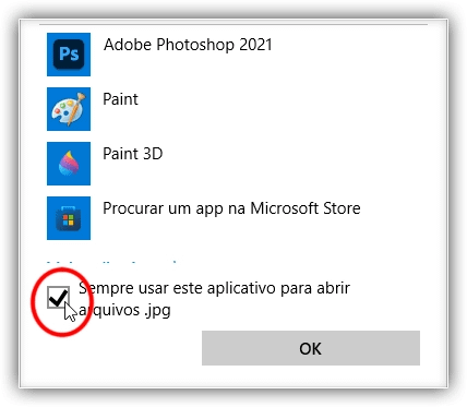 Selecionar "Sempre usar este aplicativo para abrir arquivos .jpg".
