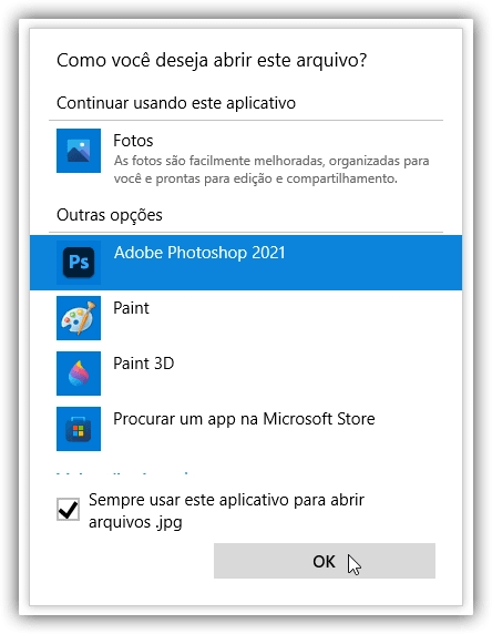Escolhendo o Photoshop como o novo aplicativo padrão para abrir arquivos JPEG.