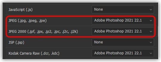 O Bridge está configurado para abrir todos os arquivos JPEG na versão mais recente do Photoshop.