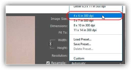 Escolhendo a predefinição 4 x 6.