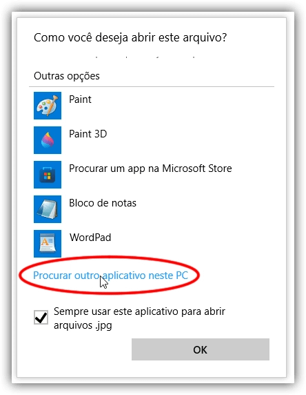 Escolha "Procurar outro aplicativo neste PC" se o Photoshop não estiver em lugar algum.