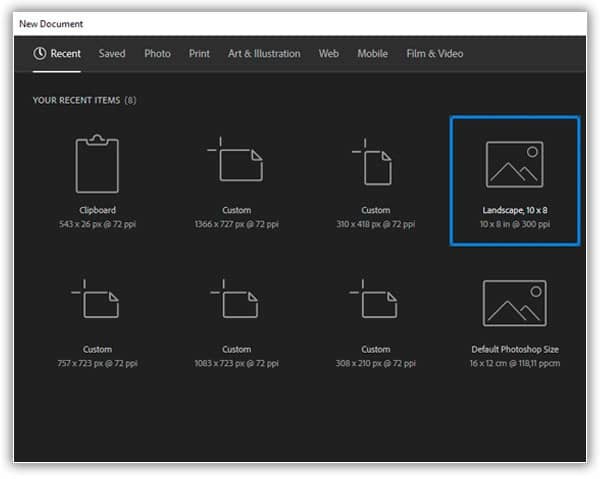 Meu tamanho de documento usado anteriormente agora aparece na lista Recente.