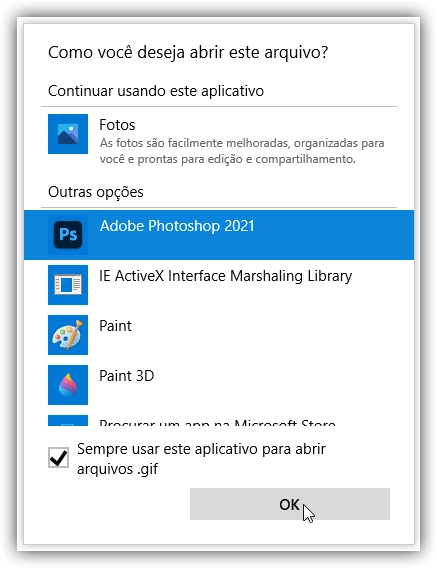 Definindo o Photoshop como o novo aplicativo padrão para arquivos GIF.