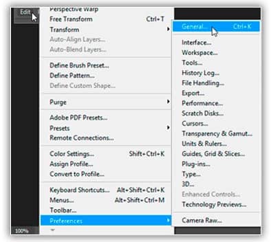 Indo para Editar (Win) / Photoshop CC (Mac) > Preferências > Geral.