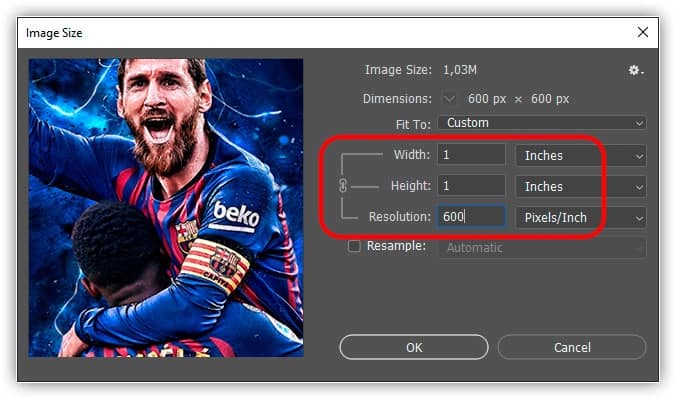 A 600 ppi, a imagem seria impressa muito pequena, mas ainda apareceria como uma imagem de 600 x 600 pixels na tela.