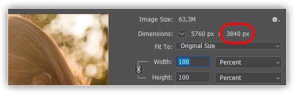 E de volta à seção Dimensões, vemos que a altura da minha imagem ainda é de 3840 px: