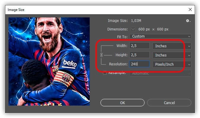 A imagem agora seria impressa menor, mas permaneceria exatamente com o mesmo tamanho de 600 x 600 pixels na tela.