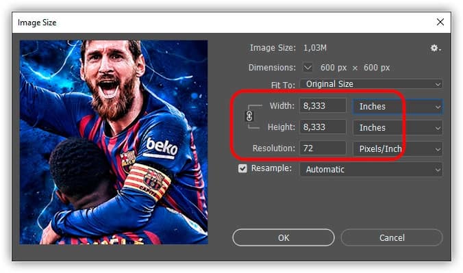 A seção Tamanho do documento nos mostra o tamanho da impressão com base na resolução atual. Não tem efeito no tamanho da tela.